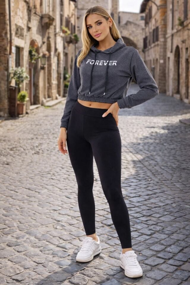 Baskılı Kapüşonlu Crop Sweatshirt Kadın 2 İplik Pamuk Karışımlı Lastikli Bel Mevsimlik Sweat L - GRİ