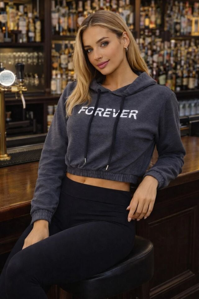 Baskılı Kapüşonlu Crop Sweatshirt Kadın 2 İplik Pamuk Karışımlı Lastikli Bel Mevsimlik Sweat L - GRİ