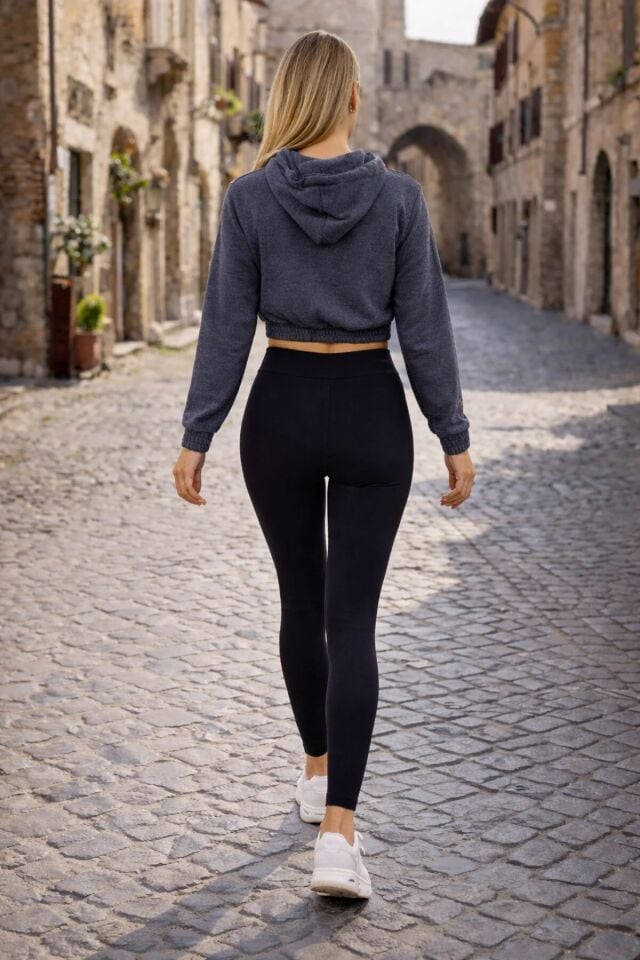 Baskılı Kapüşonlu Crop Sweatshirt Kadın 2 İplik Pamuk Karışımlı Lastikli Bel Mevsimlik Sweat L - GRİ