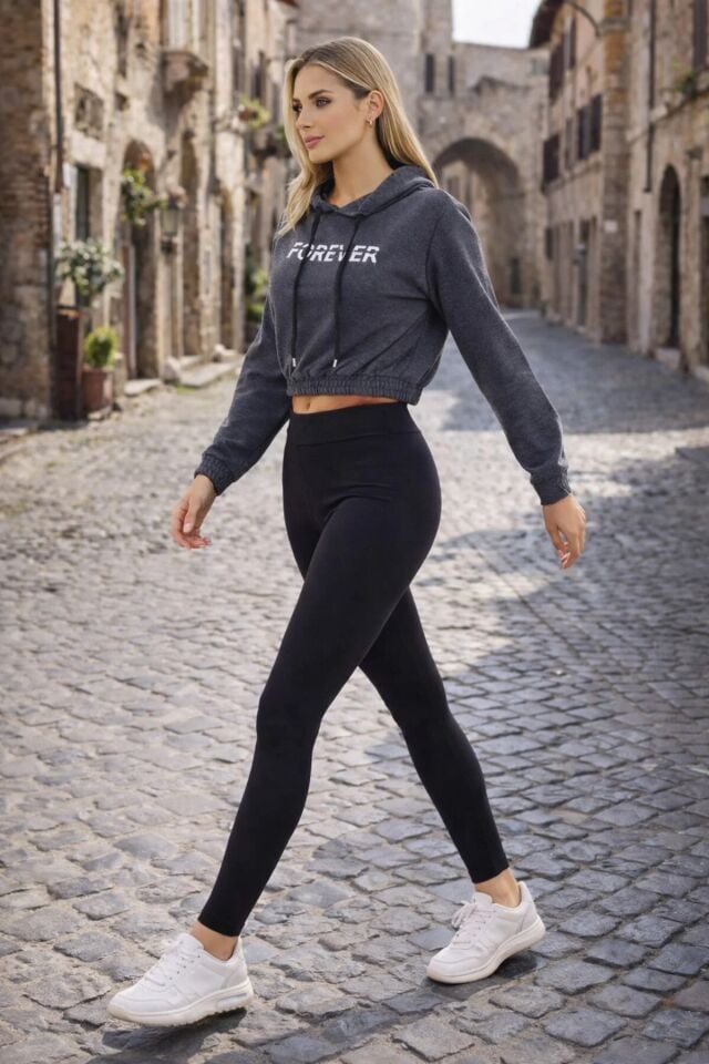 Baskılı Kapüşonlu Crop Sweatshirt Kadın 2 İplik Pamuk Karışımlı Lastikli Bel Mevsimlik Sweat L - GRİ