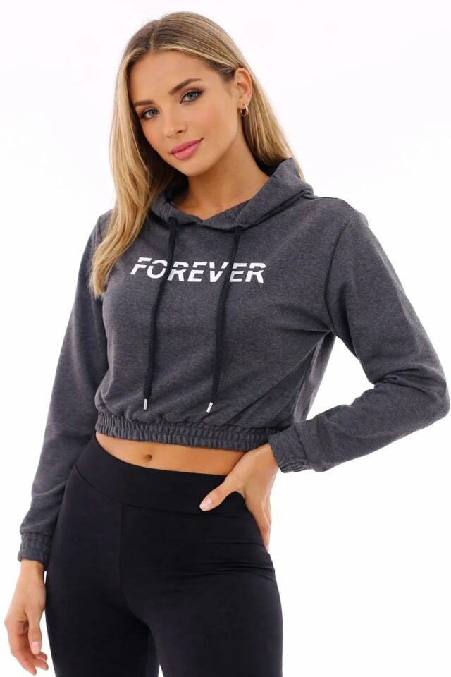 Baskılı Kapüşonlu Crop Sweatshirt Kadın 2 İplik Pamuk Karışımlı Lastikli Bel Mevsimlik Sweat L - GRİ