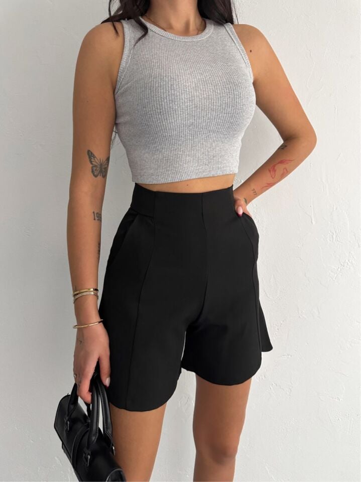 Kadın Arka Fermuarlı Dokuma Kumaş Günlük ŞORT XL - SİYAH