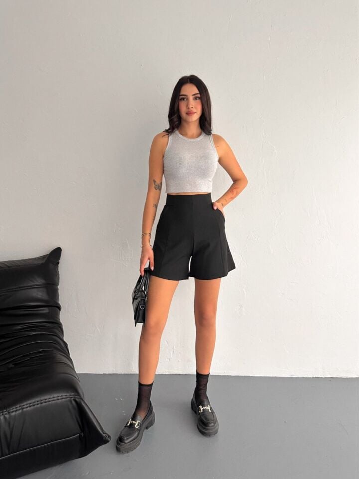 Kadın Arka Fermuarlı Dokuma Kumaş Günlük ŞORT XL - SİYAH