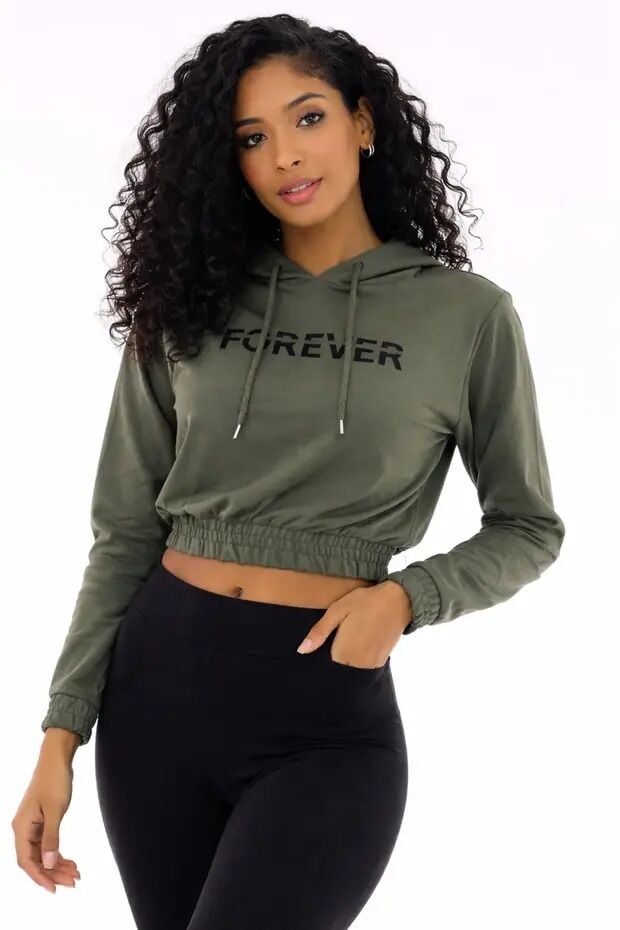 Baskılı Kapüşonlu Crop Sweatshirt Kadın 2 İplik Pamuk Karışımlı Lastikli Bel Mevsimlik Sweat L - HAKİ