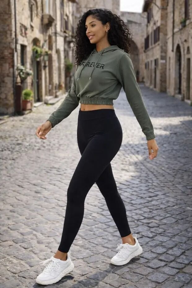 Baskılı Kapüşonlu Crop Sweatshirt Kadın 2 İplik Pamuk Karışımlı Lastikli Bel Mevsimlik Sweat L - HAKİ