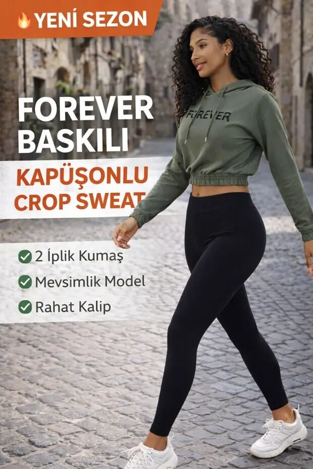 Baskılı Kapüşonlu Crop Sweatshirt Kadın 2 İplik Pamuk Karışımlı Lastikli Bel Mevsimlik Sweat L - HAKİ
