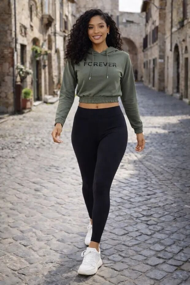 Baskılı Kapüşonlu Crop Sweatshirt Kadın 2 İplik Pamuk Karışımlı Lastikli Bel Mevsimlik Sweat L - HAKİ