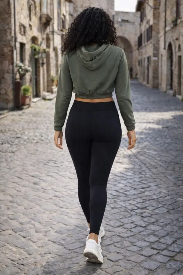 Baskılı Kapüşonlu Crop Sweatshirt Kadın 2 İplik Pamuk Karışımlı Lastikli Bel Mevsimlik Sweat L - HAKİ