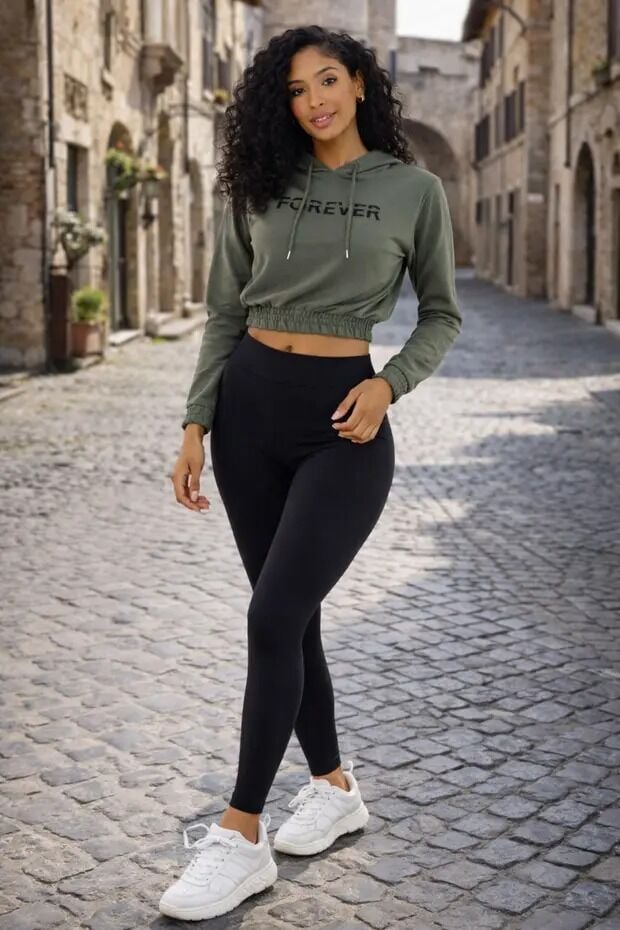 Baskılı Kapüşonlu Crop Sweatshirt Kadın 2 İplik Pamuk Karışımlı Lastikli Bel Mevsimlik Sweat L - HAKİ