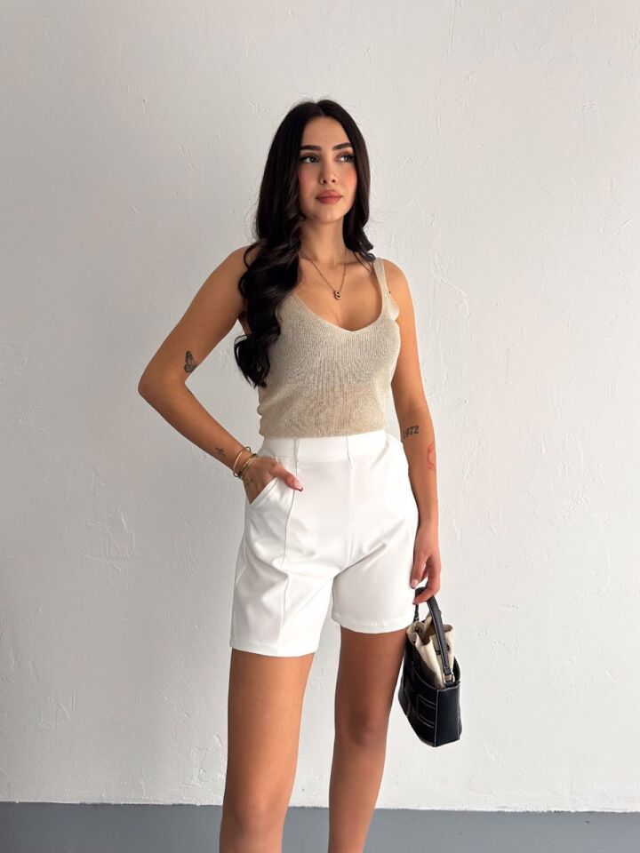 Kadın Arka Fermuarlı Dokuma Kumaş Günlük ŞORT XL - BEYAZ