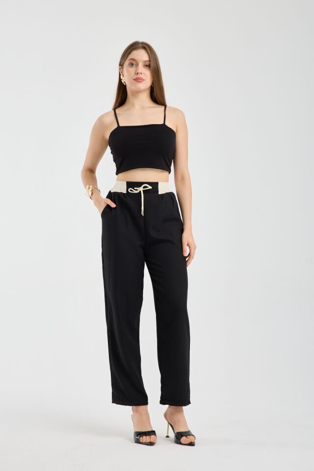 Kadın Yüksek Bel Garnili Yazlık  Kumaş Pantolon WM