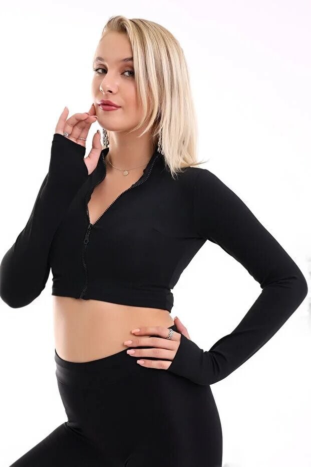 Kadın Kısa Fermuarlı Parmak Geçmeli Uzun Kol Ceket WM XS