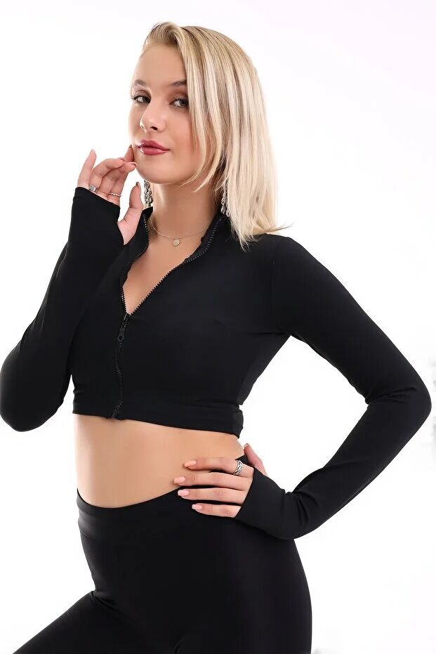 Kadın Kısa Fermuarlı Parmak Geçmeli Uzun Kol Ceket WM XS