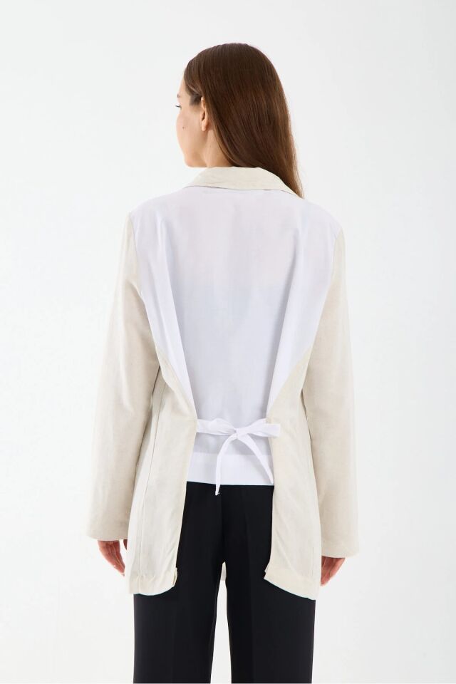 Kadın Keten Garnili Ceket Arka Dokuma Detaylı Tek Düğmeli Modern Şehir Ceketi L