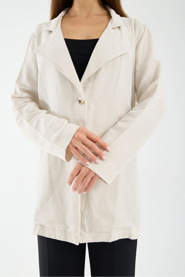 Kadın Keten Garnili Ceket Arka Dokuma Detaylı Tek Düğmeli Modern Şehir Ceketi L