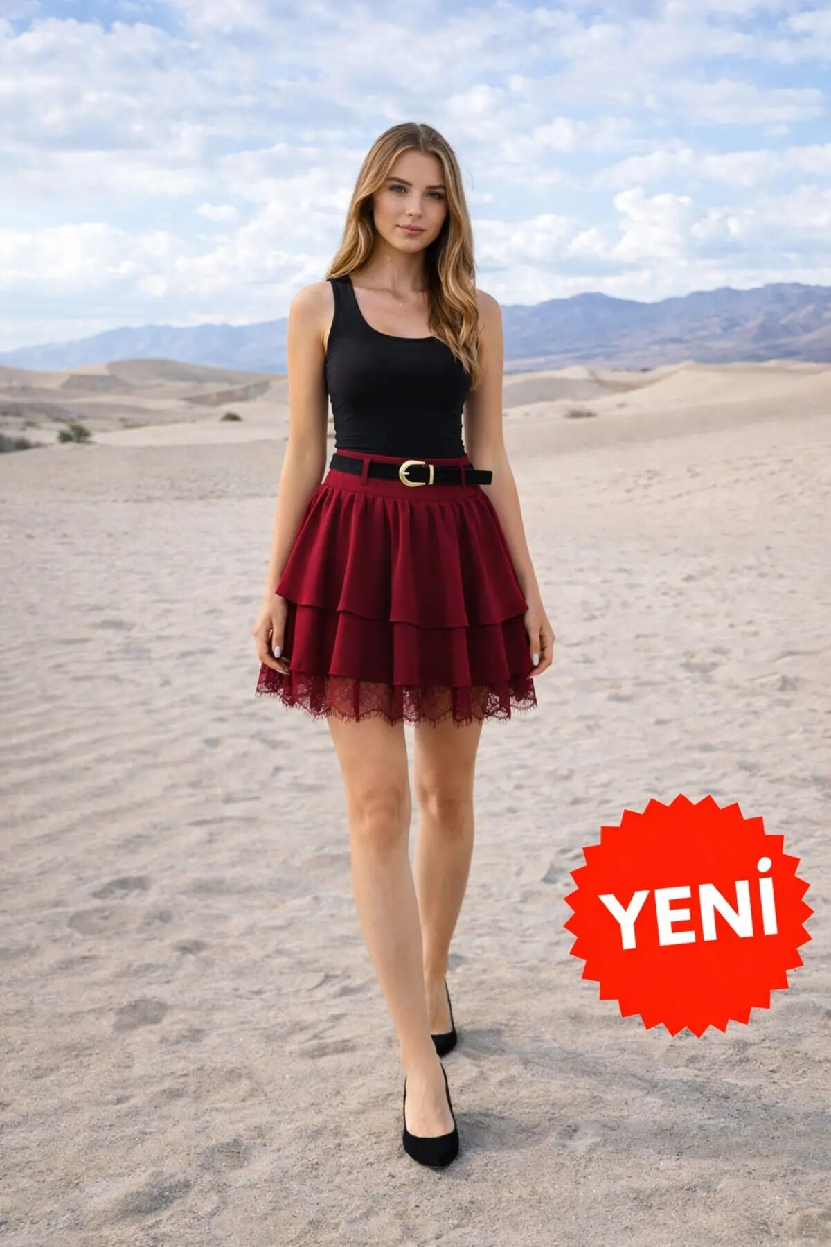 Kadın Dantel Güpürlü Kat Kat Mini Etek – Kemerli İthal Krep Kumaş Fermuarlı Şık Günlük Etek-2645