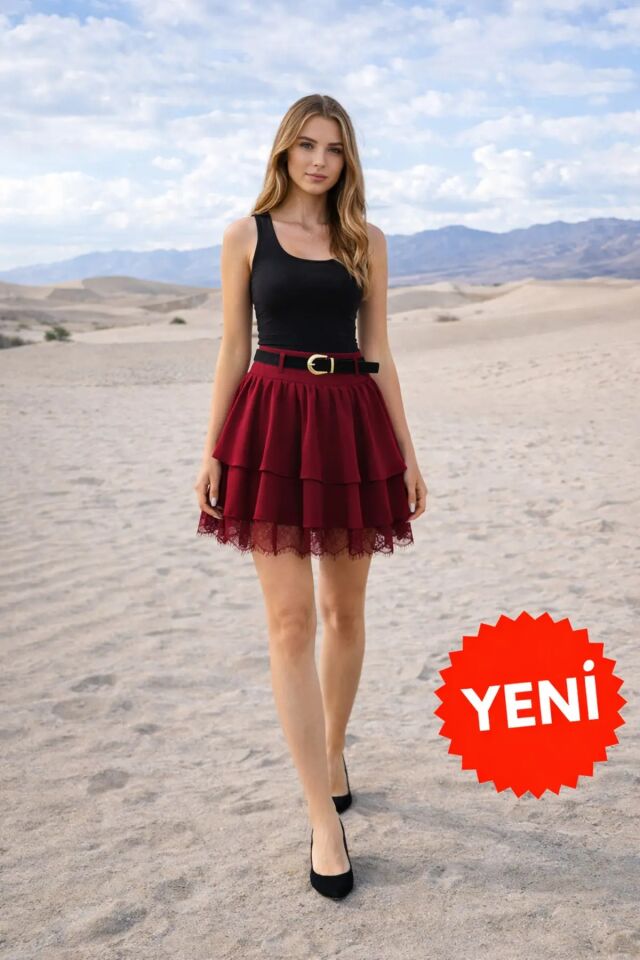 Kadın Dantel Güpürlü Kat Kat Mini Etek – Kemerli İthal Krep Kumaş Fermuarlı Şık Günlük Etek-2645