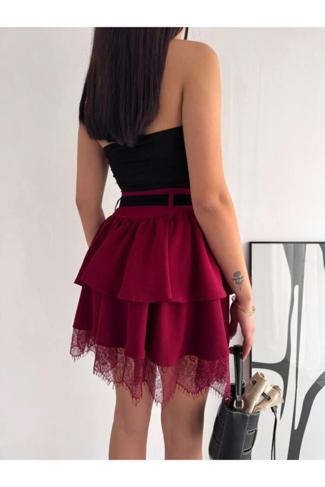 Kadın Dantel Güpürlü Kat Kat Mini Etek – Kemerli İthal Krep Kumaş Fermuarlı Şık Günlük Etek-2645 XL - BORDO