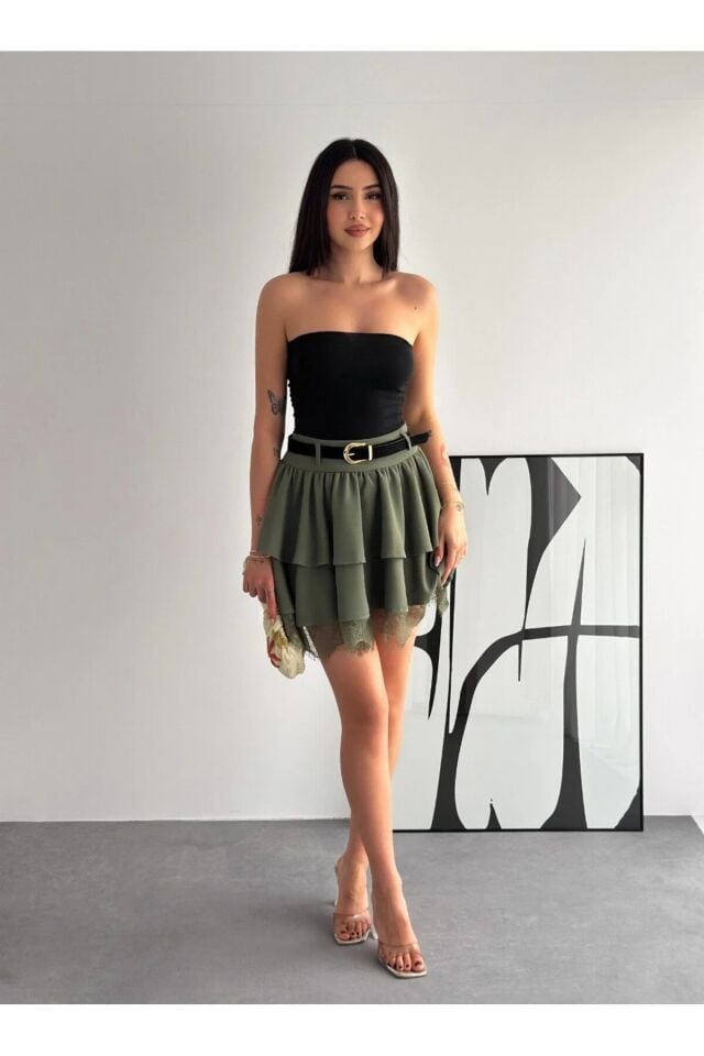 Kadın Dantel Güpürlü Kat Kat Mini Etek – Kemerli İthal Krep Kumaş Fermuarlı Şık Günlük Etek-2645 XL - HAKİ 