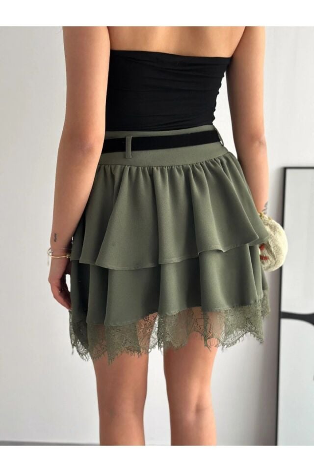 Kadın Dantel Güpürlü Kat Kat Mini Etek – Kemerli İthal Krep Kumaş Fermuarlı Şık Günlük Etek-2645 XL - HAKİ 
