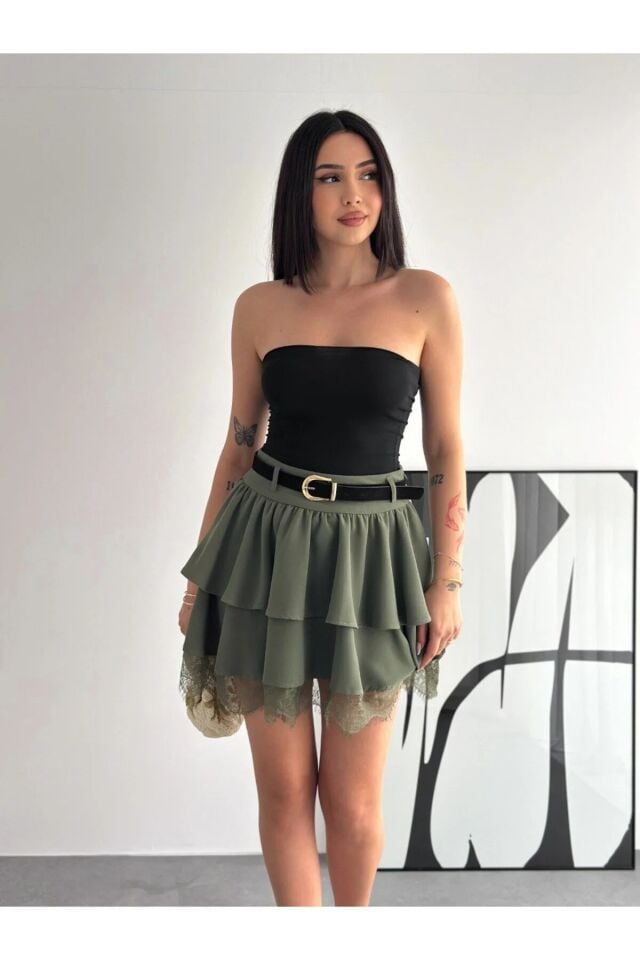 Kadın Dantel Güpürlü Kat Kat Mini Etek – Kemerli İthal Krep Kumaş Fermuarlı Şık Günlük Etek-2645 XL - HAKİ 