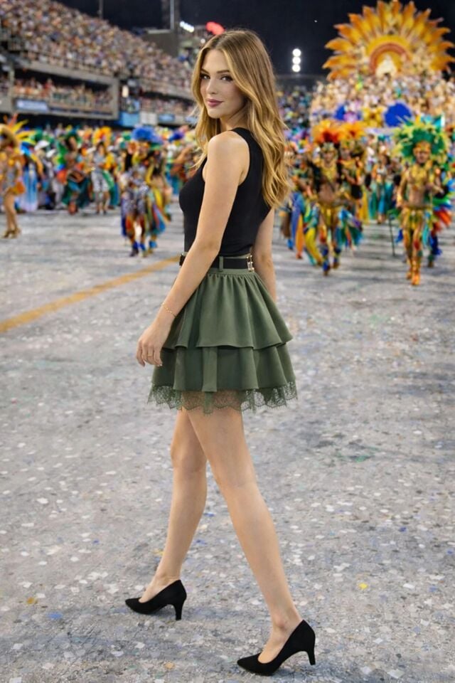 Kadın Dantel Güpürlü Kat Kat Mini Etek – Kemerli İthal Krep Kumaş Fermuarlı Şık Günlük Etek-2645 XL - HAKİ 