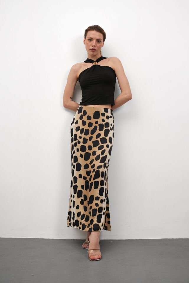 Kadın Uzun Desenli Saten Etek L - KOD-2 KAHVE