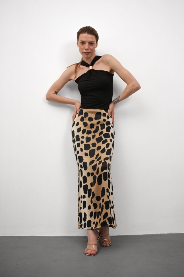 Kadın Uzun Desenli Saten Etek XL - KOD-2 KAHVE