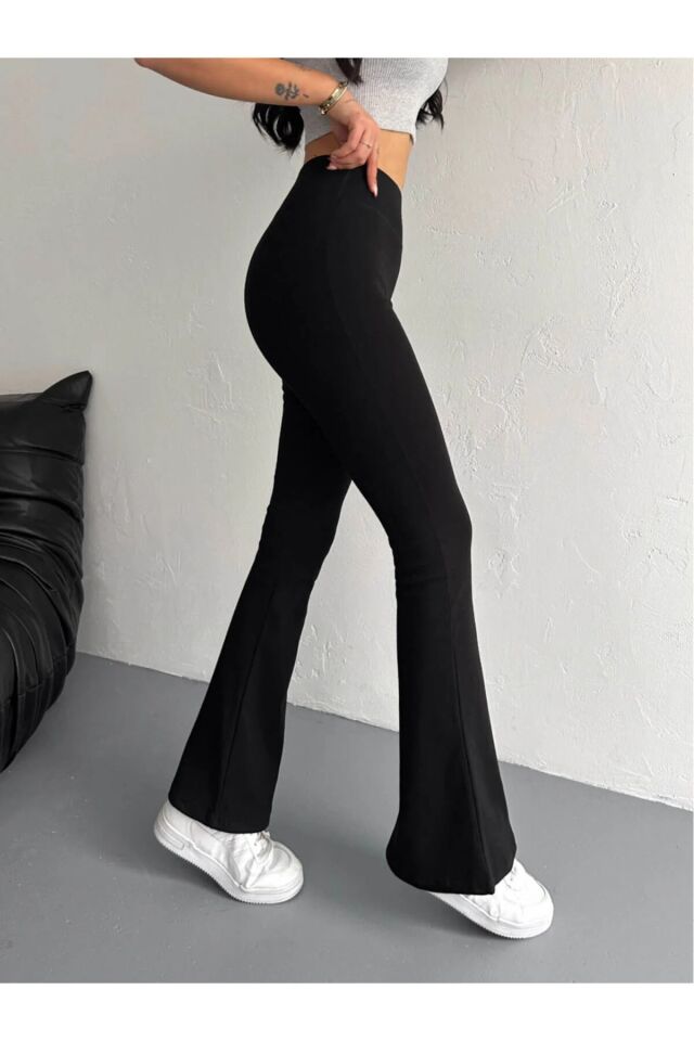 Kadın  İspanyol Paça Tayt Pantolon GENİŞ KEMER RİBANALI 2440 L - SİYAH