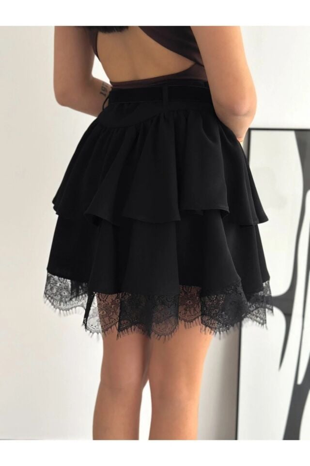 Kadın Dantel Güpürlü Kat Kat Mini Etek – Kemerli İthal Krep Kumaş Fermuarlı Şık Günlük Etek-2645 XL - SİYAH
