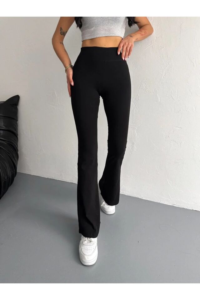 Kadın  İspanyol Paça Tayt Pantolon GENİŞ KEMER RİBANALI 2440 XS - SİYAH