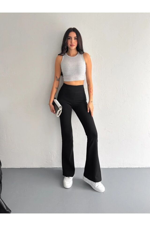 Kadın  İspanyol Paça Tayt Pantolon GENİŞ KEMER RİBANALI 2440 XS - SİYAH