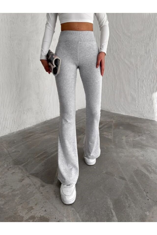 Kadın  İspanyol Paça Tayt Pantolon GENİŞ KEMER RİBANALI 2440 M - AÇIK GRİ