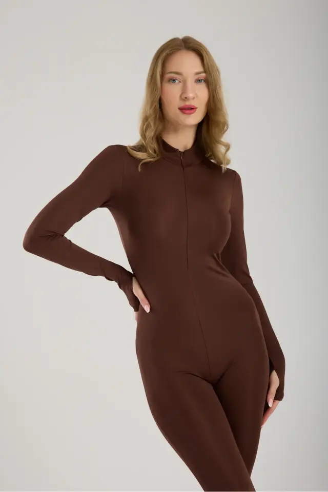 Kadın Uzun Spor ve Günlük Düz Dalgıç Tulum Tayt WM XS - KAHVERENGİ