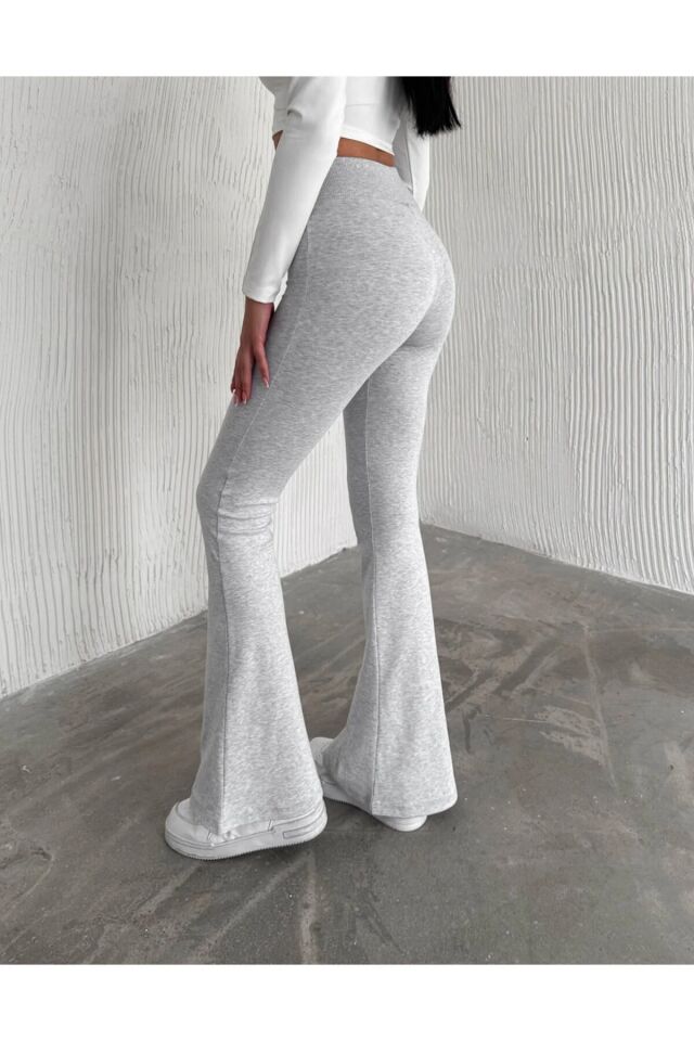 Kadın  İspanyol Paça Tayt Pantolon GENİŞ KEMER RİBANALI 2440 XS - AÇIK GRİ