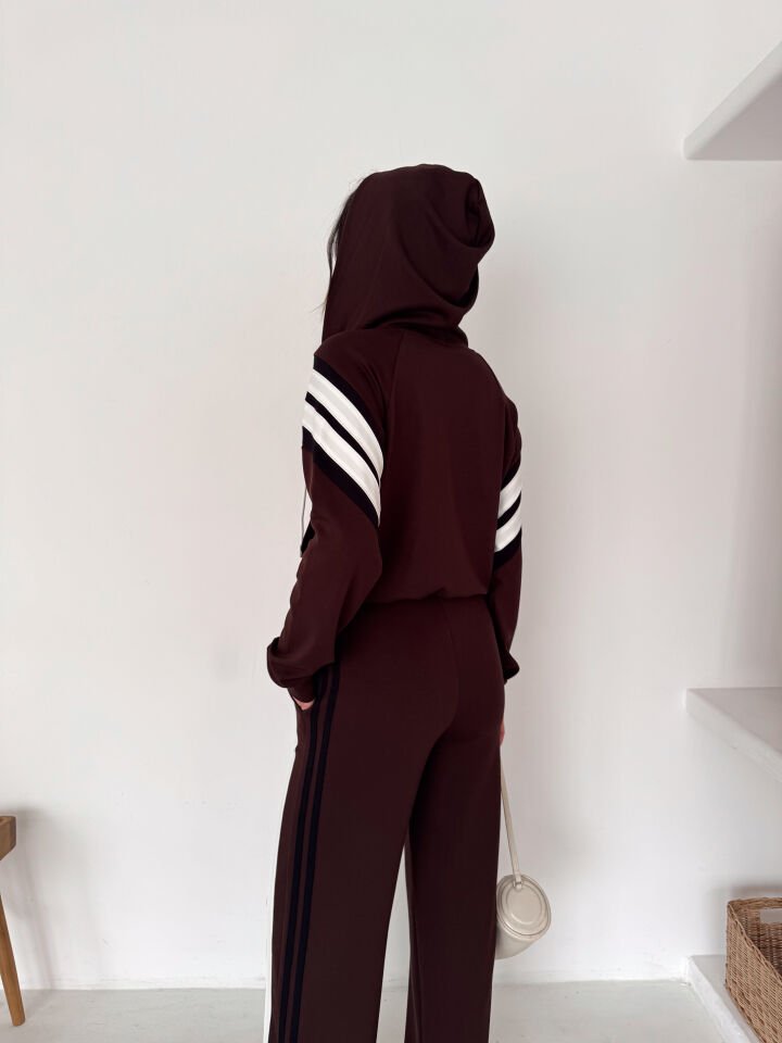Kadın Şetirtli ve Kapüşonlu Modal Eşofman Takımı -6238 S - KAHVERENGİ