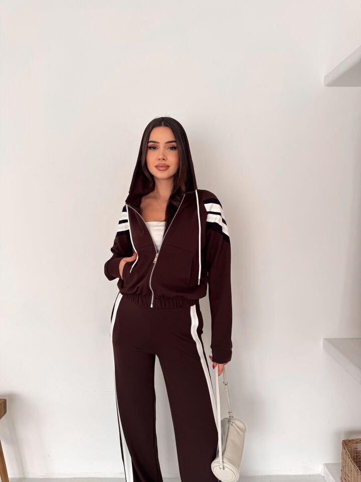 Kadın Şetirtli ve Kapüşonlu Modal Eşofman Takımı -6238 S - KAHVERENGİ