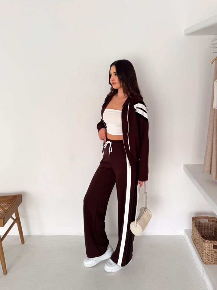 Kadın Şetirtli ve Kapüşonlu Modal Eşofman Takımı -6238 S - KAHVERENGİ