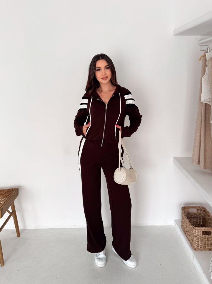 Kadın Şetirtli ve Kapüşonlu Modal Eşofman Takımı -6238 S - KAHVERENGİ