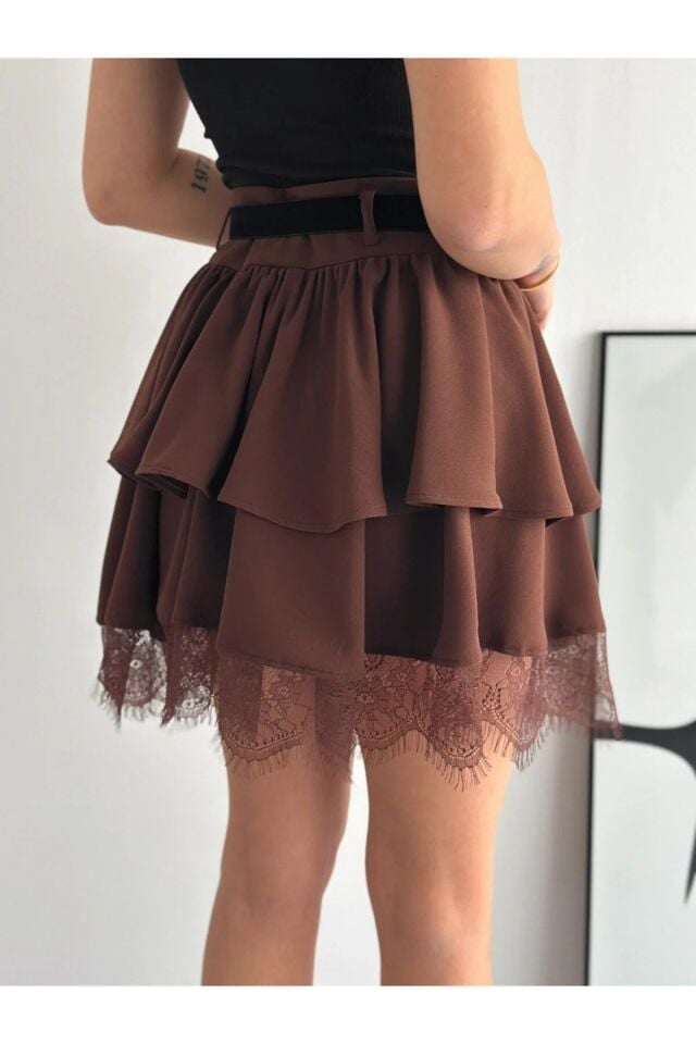 Kadın Dantel Güpürlü Kat Kat Mini Etek – Kemerli İthal Krep Kumaş Fermuarlı Şık Günlük Etek-2645 XL - KAHVERENGİ