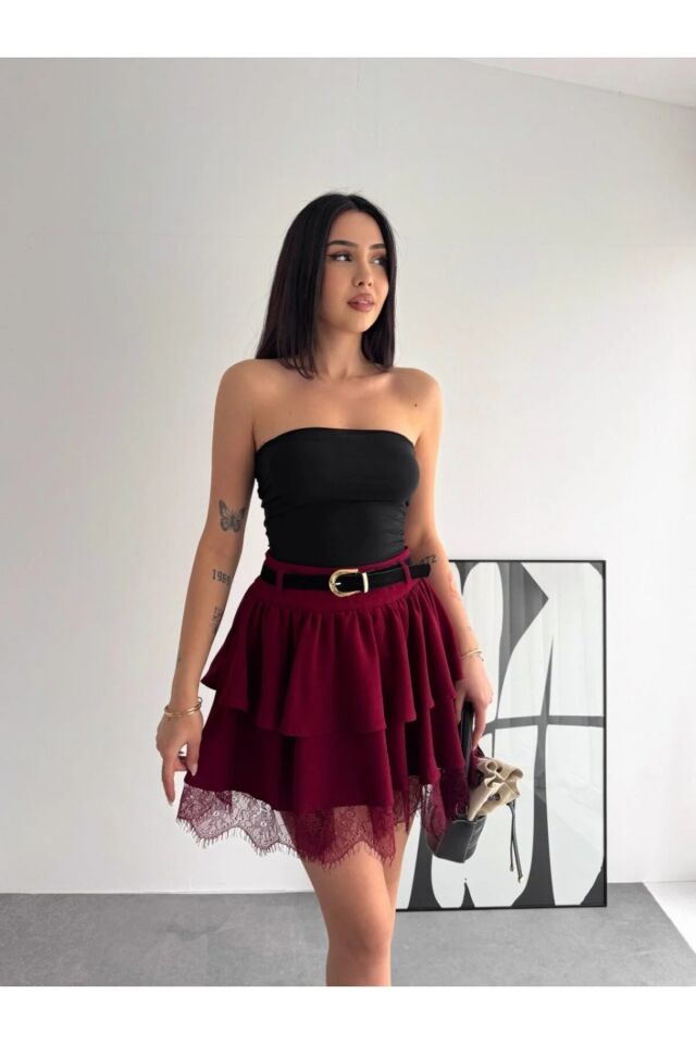 Kadın Dantel Güpürlü Kat Kat Mini Etek – Kemerli İthal Krep Kumaş Fermuarlı Şık Günlük Etek-2645 XL - KAHVERENGİ