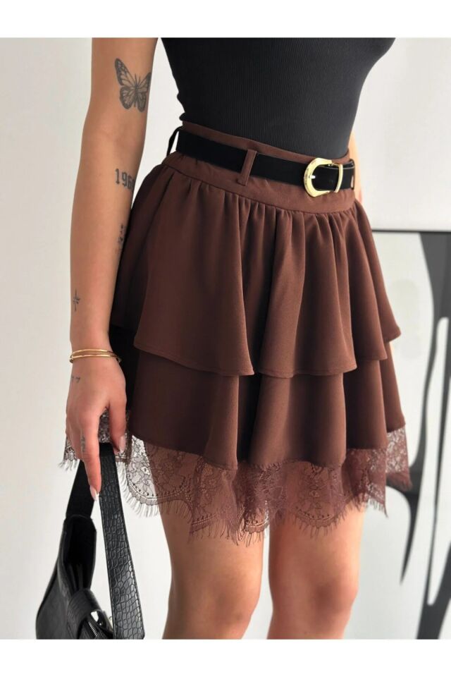 Kadın Dantel Güpürlü Kat Kat Mini Etek – Kemerli İthal Krep Kumaş Fermuarlı Şık Günlük Etek-2645 XL - KAHVERENGİ