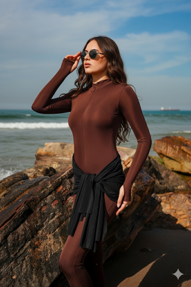 Kadın Uzun Spor ve Günlük Düz Dalgıç Tulum Tayt WM 2XL - KAHVERENGİ