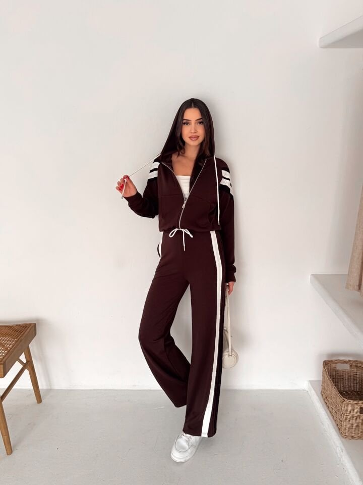 Kadın Şetirtli ve Kapüşonlu Modal Eşofman Takımı XL - KAHVERENGİ