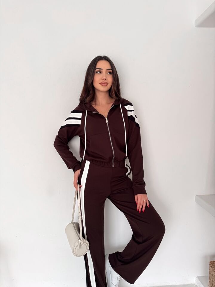 Kadın Şetirtli ve Kapüşonlu Modal Eşofman Takımı XL - KAHVERENGİ