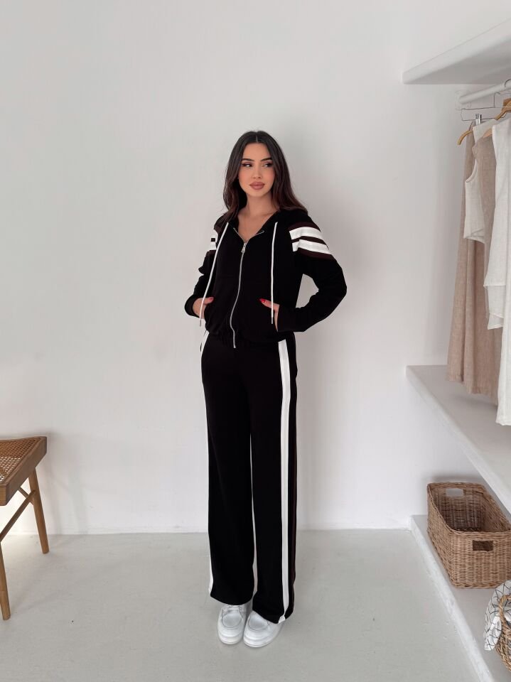 Kadın Şetirtli ve Kapüşonlu Modal Eşofman Takımı -6238 S - SİYAH