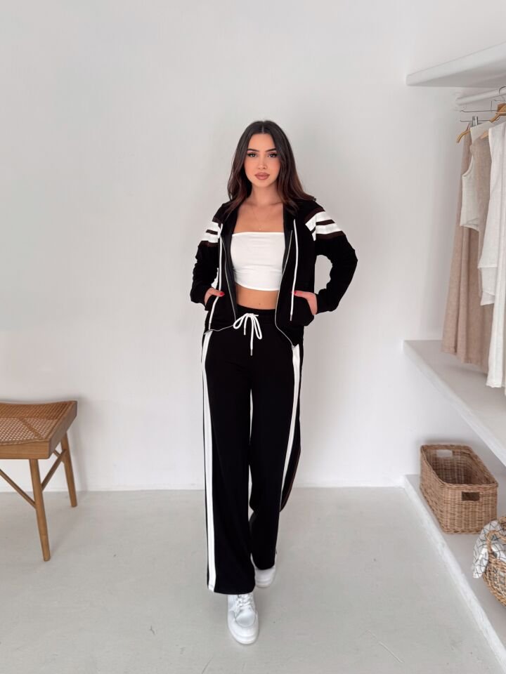 Kadın Şetirtli ve Kapüşonlu Modal Eşofman Takımı -6238 S - SİYAH