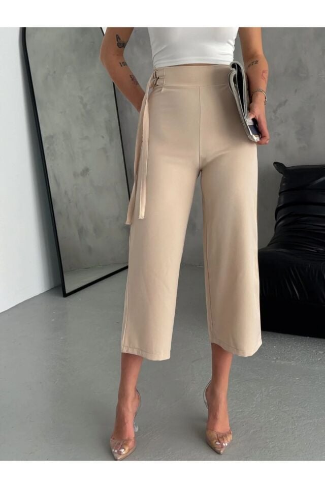 Kadın Bermuda Bej Rengi Kapri Midi Pantolon XL - BEJ
