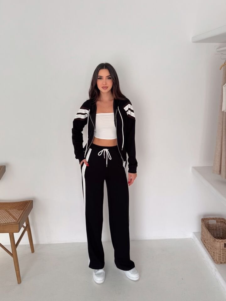 Kadın Şetirtli ve Kapüşonlu Modal Eşofman Takımı XL - SİYAH