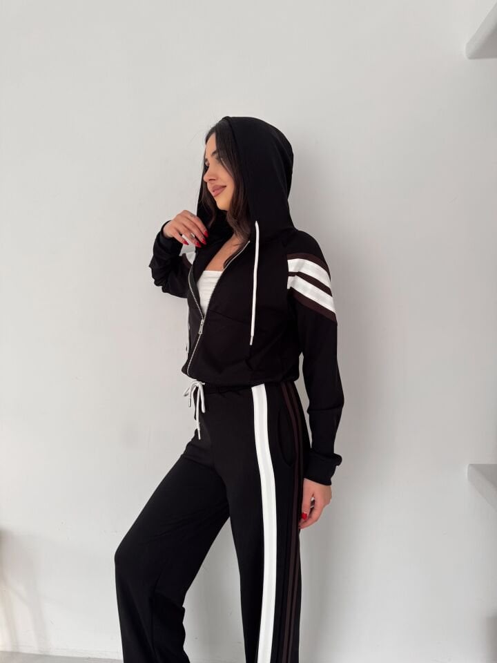 Kadın Şetirtli ve Kapüşonlu Modal Eşofman Takımı XL - SİYAH